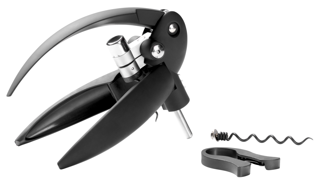 Hebelkorkenzieher mit Folienschneider, seitliche Perspektive, bestehend aus einem Hebelmechanismus, einer Spirale und einem separaten Folienschneider.