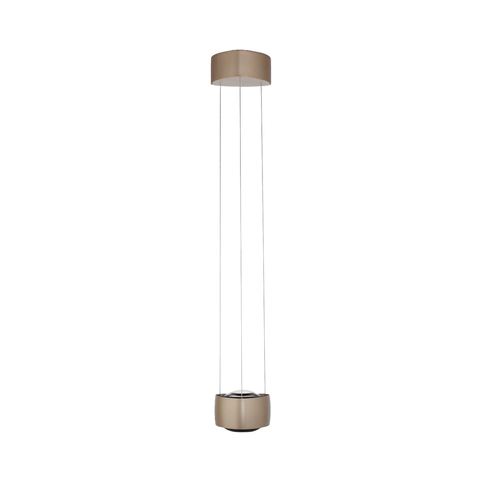 Minimalistische Pendelleuchte in Champagner/Goldoptik mit zylindrischem Baldachin, drei dünnen Abhängeseilen und rundem Leuchtenkörper mit Glaslinse, freigestellt auf weißem Hintergrund, Frontansicht.