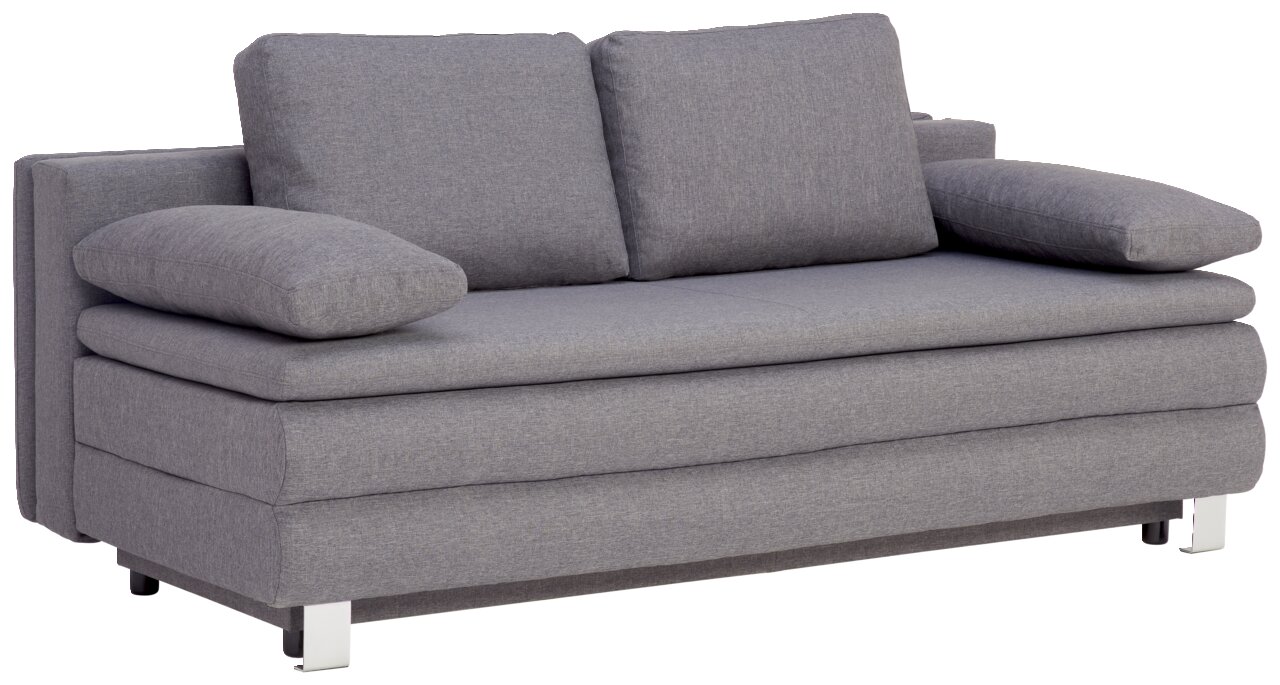 Graues Funktionssofa mit zwei Rückenkissen und Armlehnen, seitliche Perspektive
