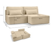 Beiges Schlafsofa in L-Form mit rechter Ausrichtung, Maße 213 cm x 158 cm x 100 cm, mit Kissen, aus der Vorderansicht.
