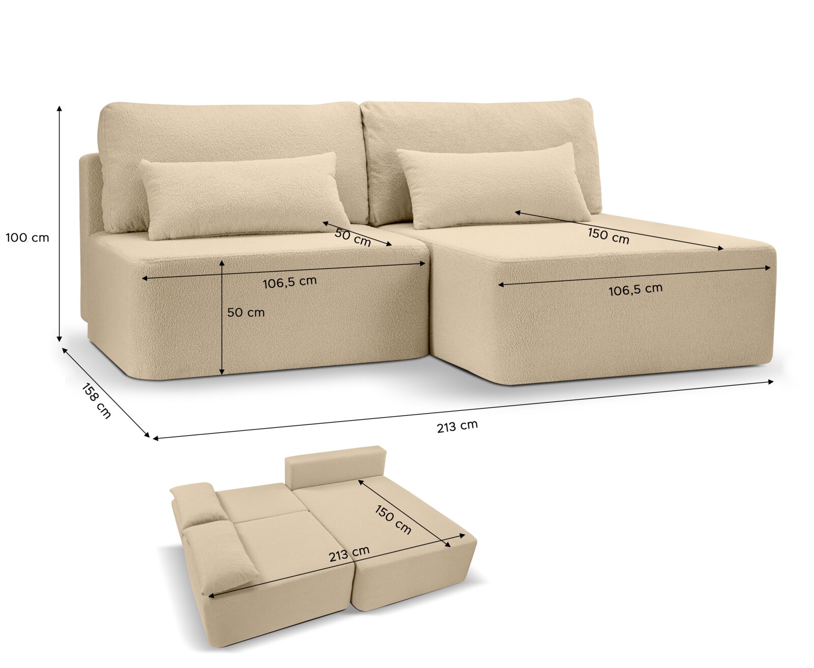 Beiges Schlafsofa in L-Form mit rechter Ausrichtung, Maße 213 cm x 158 cm x 100 cm, mit Kissen, aus der Vorderansicht.