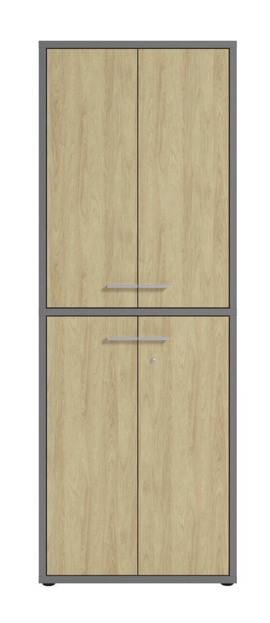 Hochformatiger Aktenschrank mit Holzoptik und grauem Rahmen, frontal abgebildet.