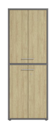 Hochformatiger Aktenschrank mit Holzoptik und grauem Rahmen, frontal abgebildet.