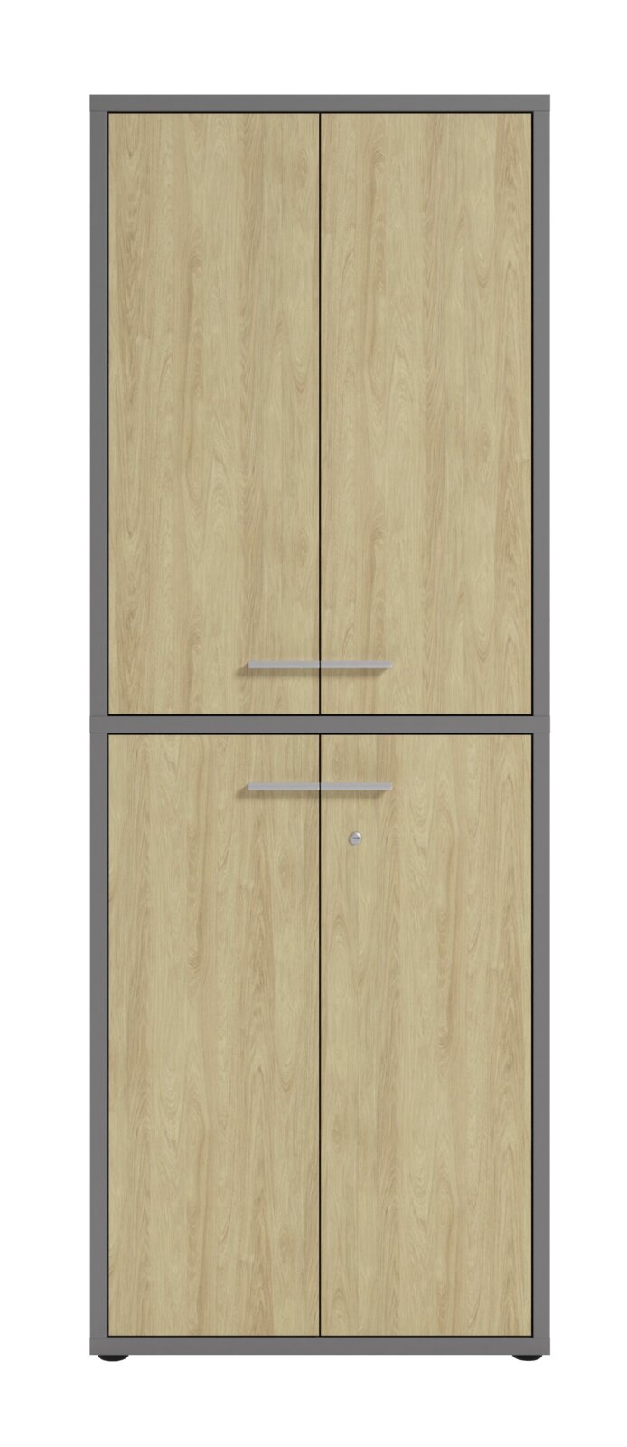 Hoge archiefkast met houtlook en grijs frame, afgebeeld van voren.
