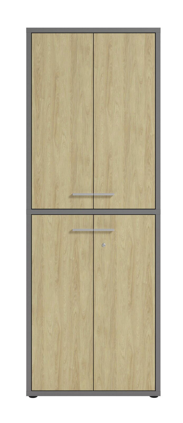 Hochformatiger Aktenschrank mit Holzoptik und grauem Rahmen, frontal abgebildet.