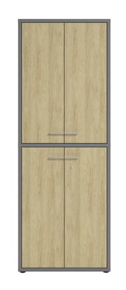 Hochformatiger Aktenschrank mit Holzoptik und grauem Rahmen, frontal abgebildet.