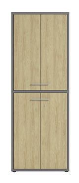 Hochformatiger Aktenschrank mit Holzoptik und grauem Rahmen, frontal abgebildet.