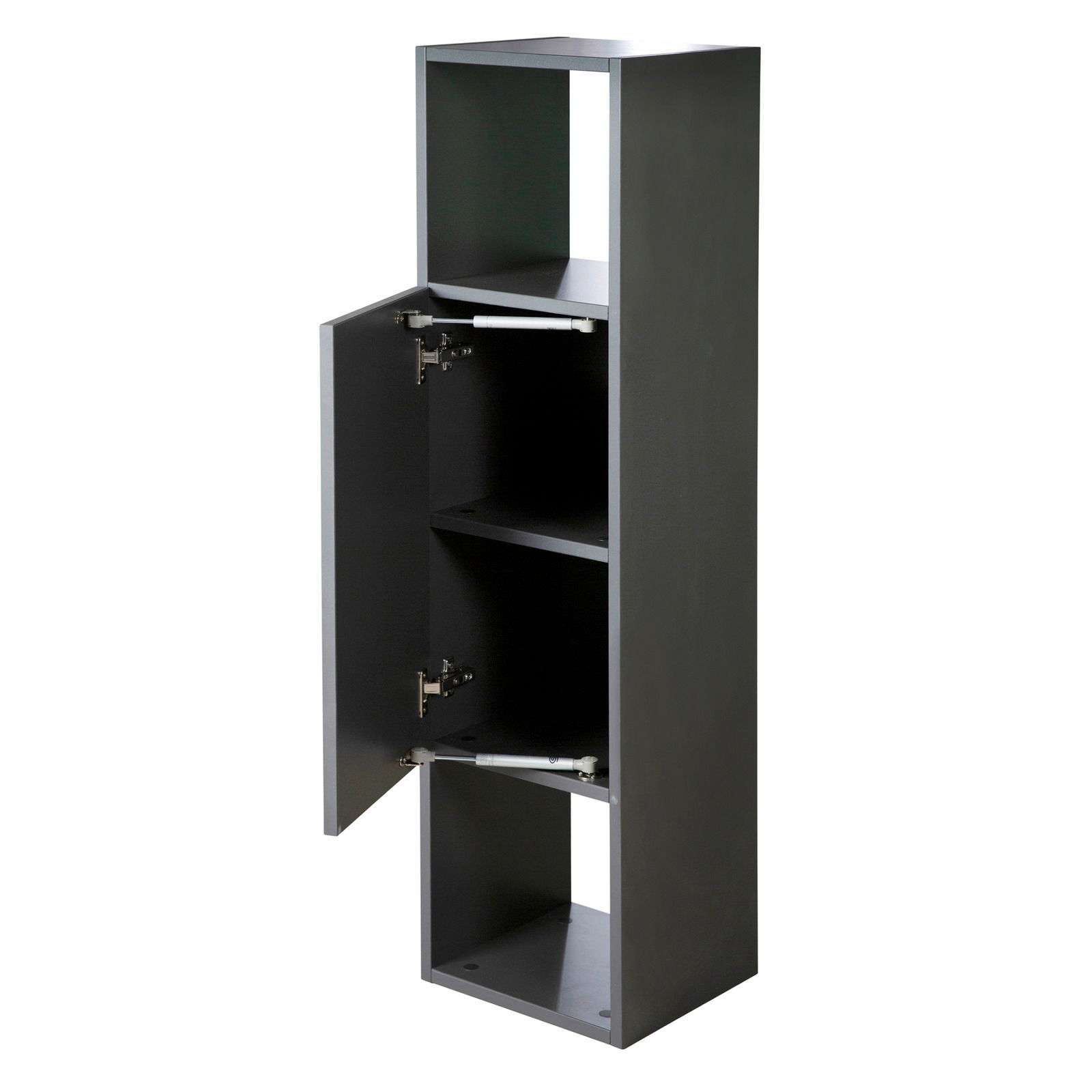 Schwarzes Regal mit zwei offenen Fächern und einer Tür, die von der Seite gezeigt wird.