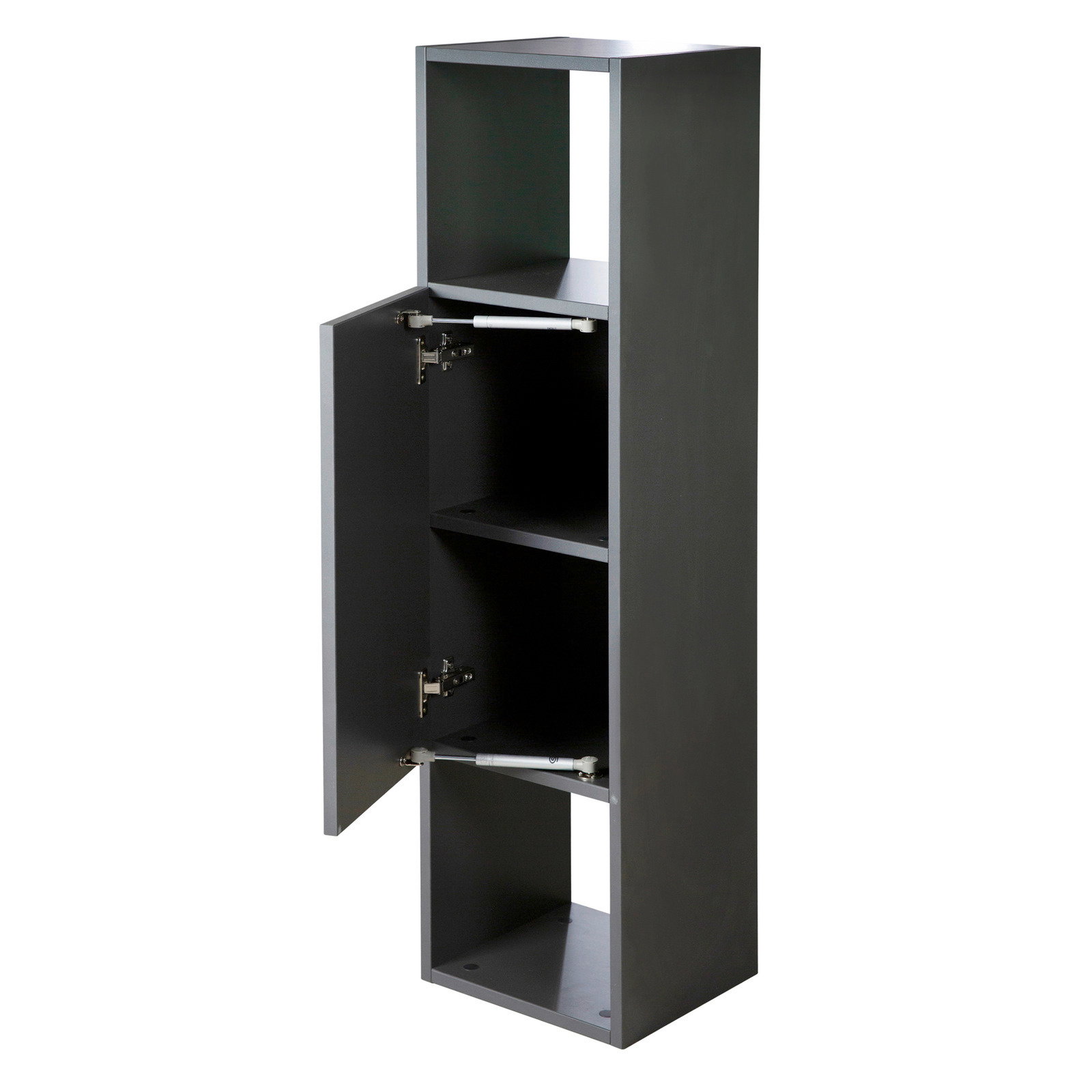Schwarzes Regal mit zwei offenen Fächern und einer Tür, die von der Seite gezeigt wird.