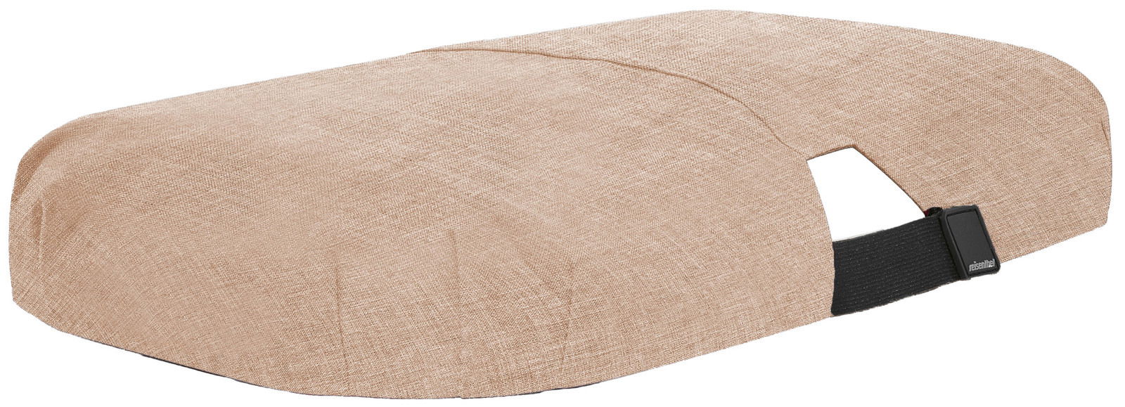 Beige Abdeckung für einen Korb mit seitlicher Perspektive, zeigt eine strukturierte Oberfläche und einen schwarzen Riemen mit Schnalle.