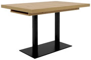 Moderne eettafel met houten blad en zwart metalen onderstel, zijaanzicht