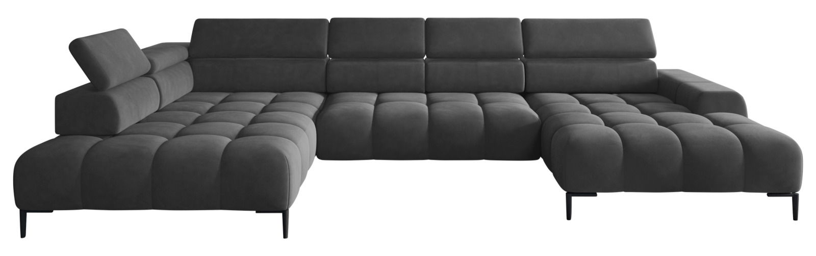 Große, moderne Polsterrundecke in dunklem Grau mit verstellbaren Kopfstützen, aus der Frontperspektive fotografiert.