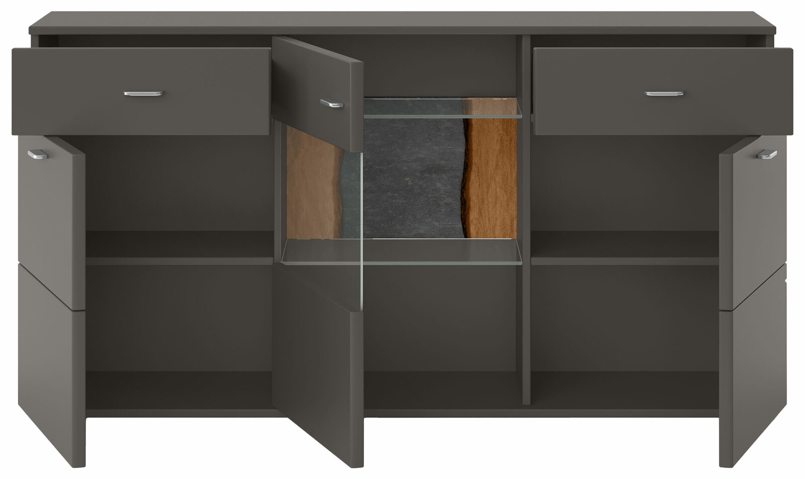 Frontale Ansicht eines modernen Sideboards mit offenen Türen und Schubladen, in dunklem Holzton mit Glasregal.