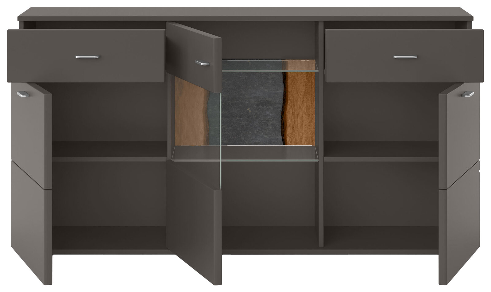 Frontale Ansicht eines modernen Sideboards mit offenen Türen und Schubladen, in dunklem Holzton mit Glasregal.