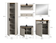Garderobenkombination bestehend aus einem hohen Schrank, einer Sitzbank mit Stauraum, einem Spiegel, einer Wandgarderobe mit Haken und einem kleinen Schrank mit Schublade. Perspektive: Frontalansicht.