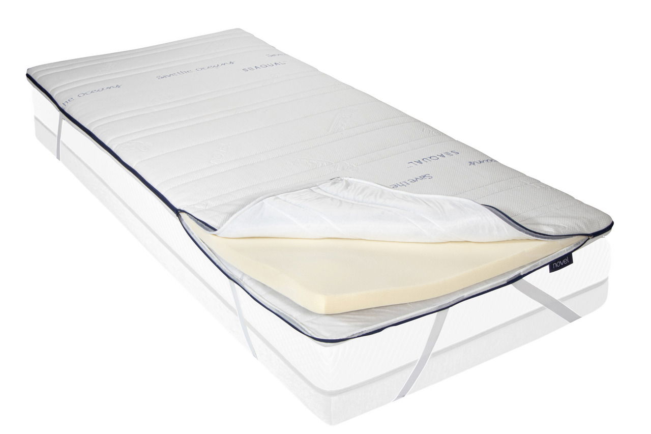 Matratzen-Topper in Seitenansicht mit abnehmbarem Bezug, der teilweise geöffnet ist, um die innere Schaumstoffschicht zu zeigen.