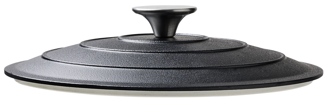 Schwarzer Kochtopfdeckel aus Gusseisen mit Griff, seitliche Perspektive