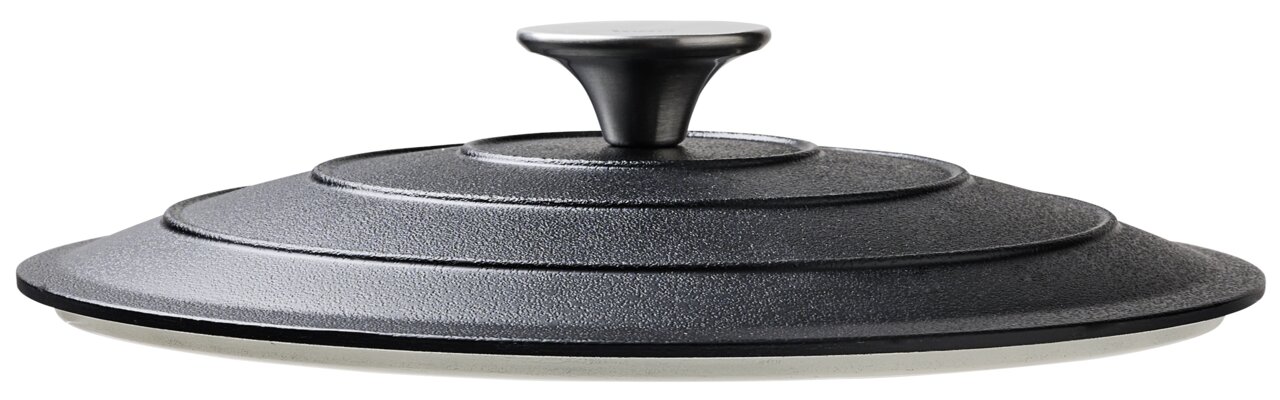 Schwarzer Kochtopfdeckel aus Gusseisen mit Griff, seitliche Perspektive