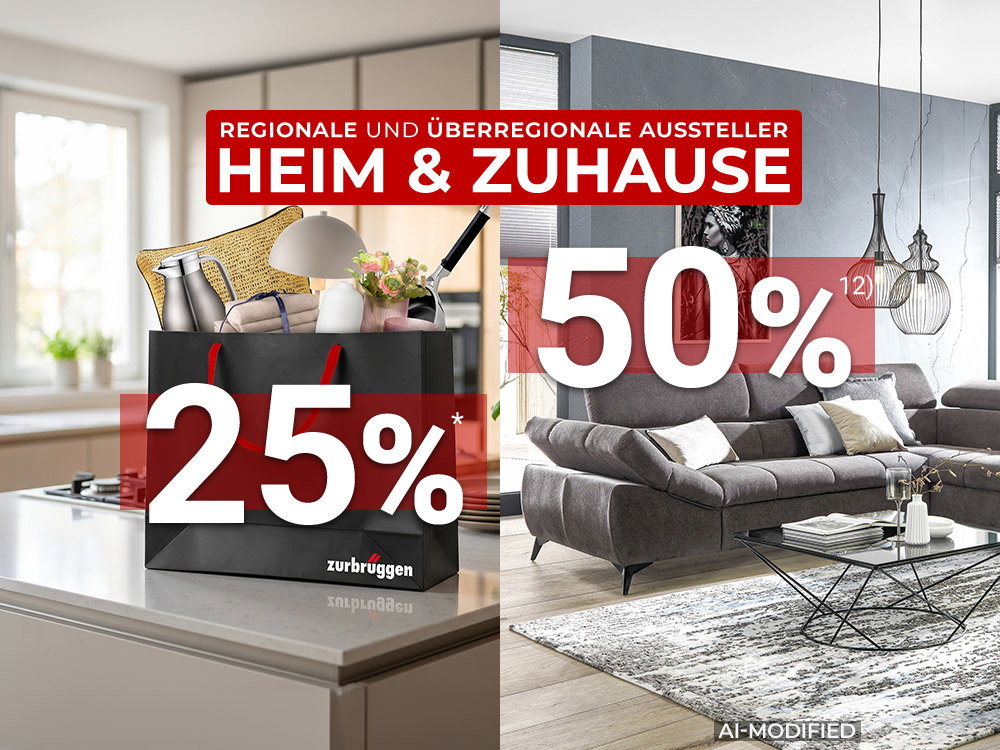 KI-generiert: Wohnküche und Wohnzimmer mit Rabattwerbung „25 %“ und „50 %“ für Heim & Zuhause.