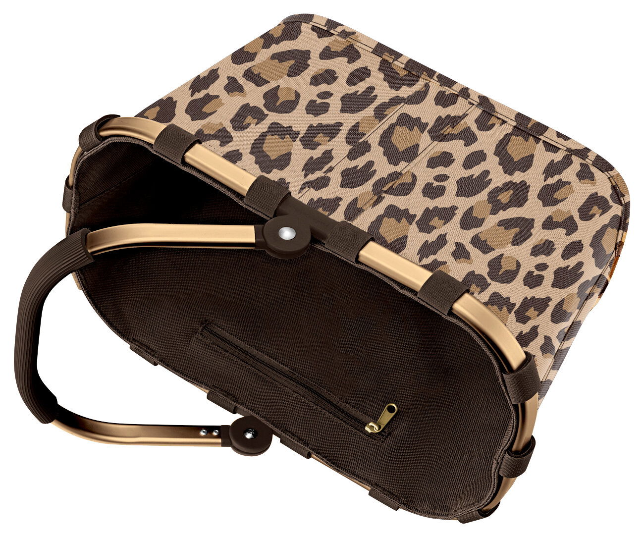 Leopardenmuster-Korb mit braunem Griff, von oben betrachtet