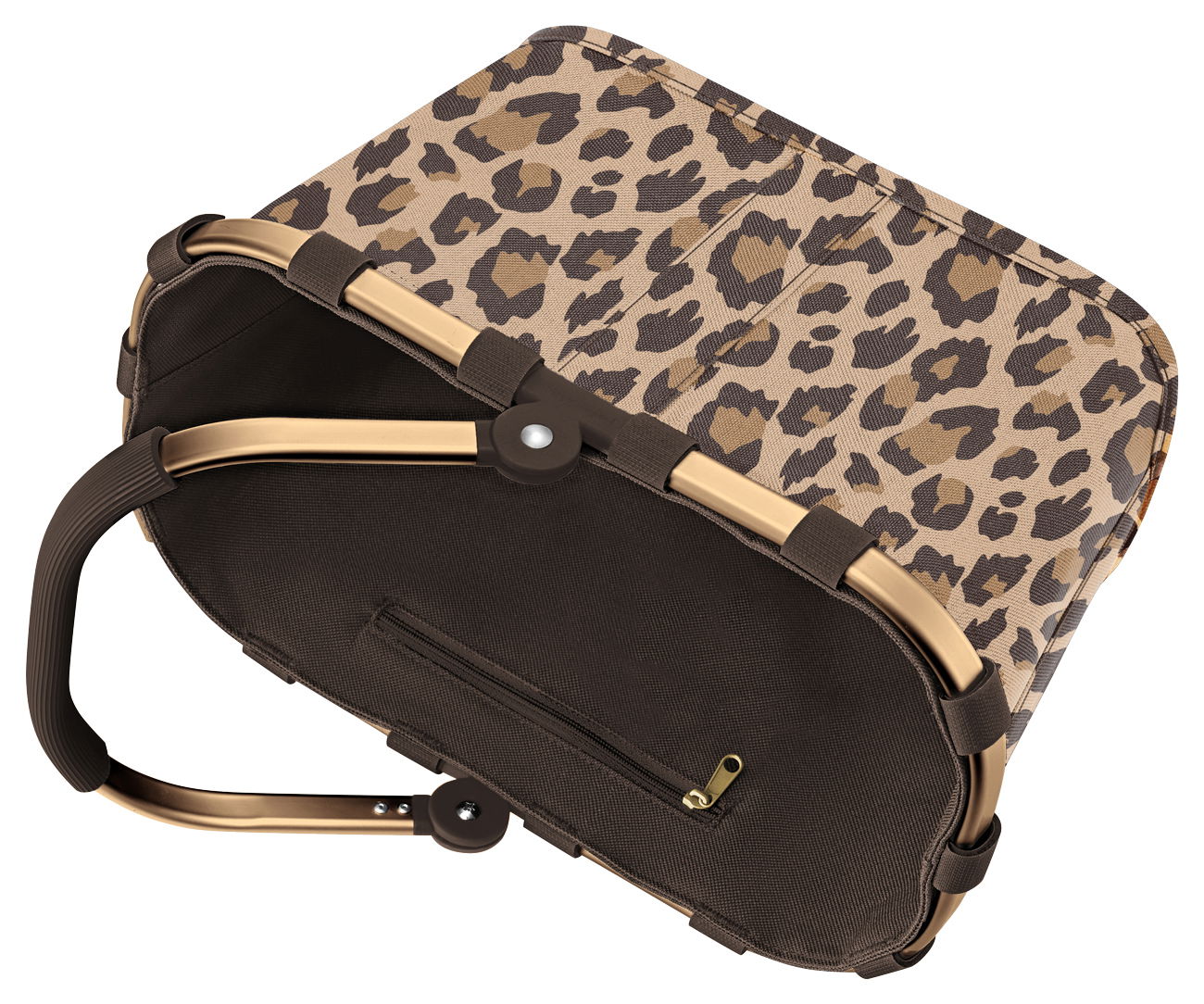 Leopardenmuster-Korb mit braunem Griff, von oben betrachtet