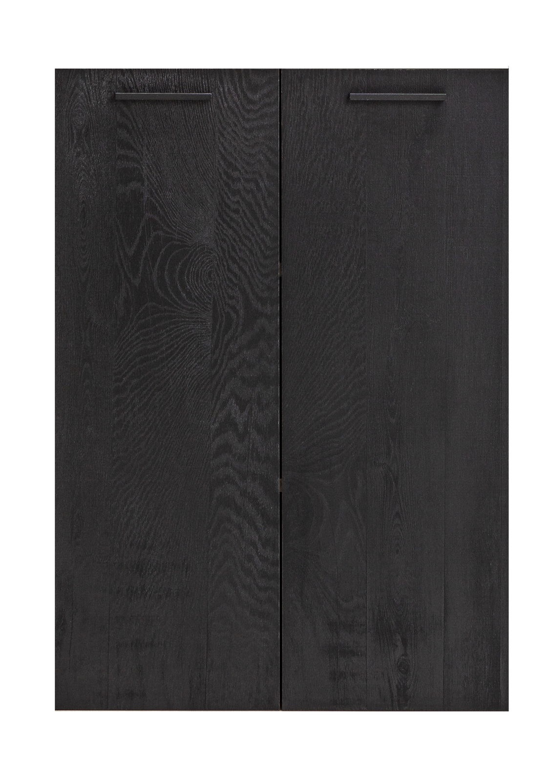 Schwarzes Front-Set mit zwei Türen, Holzmaserung sichtbar, Ansicht von vorne