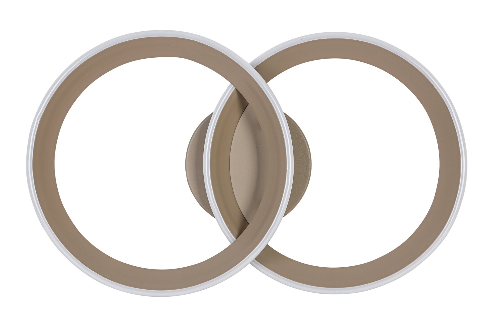 Moderne led-plafondlamp met twee overlappende ringen, gezien van voren.