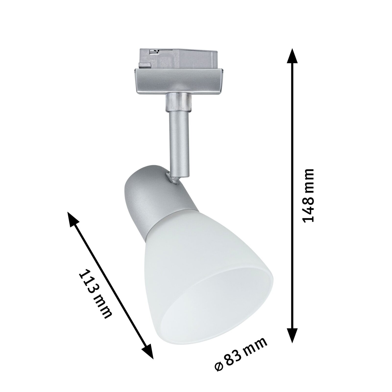 Zilveren railspot Caps URAIL van PAULMANN, zijaanzicht met afmetingen: hoogte 148 mm, lengte 113 mm, diameter 83 mm.