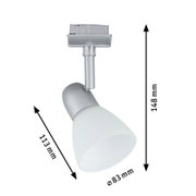 Zilveren railspot Caps URAIL van PAULMANN, zijaanzicht met afmetingen: hoogte 148 mm, lengte 113 mm, diameter 83 mm.