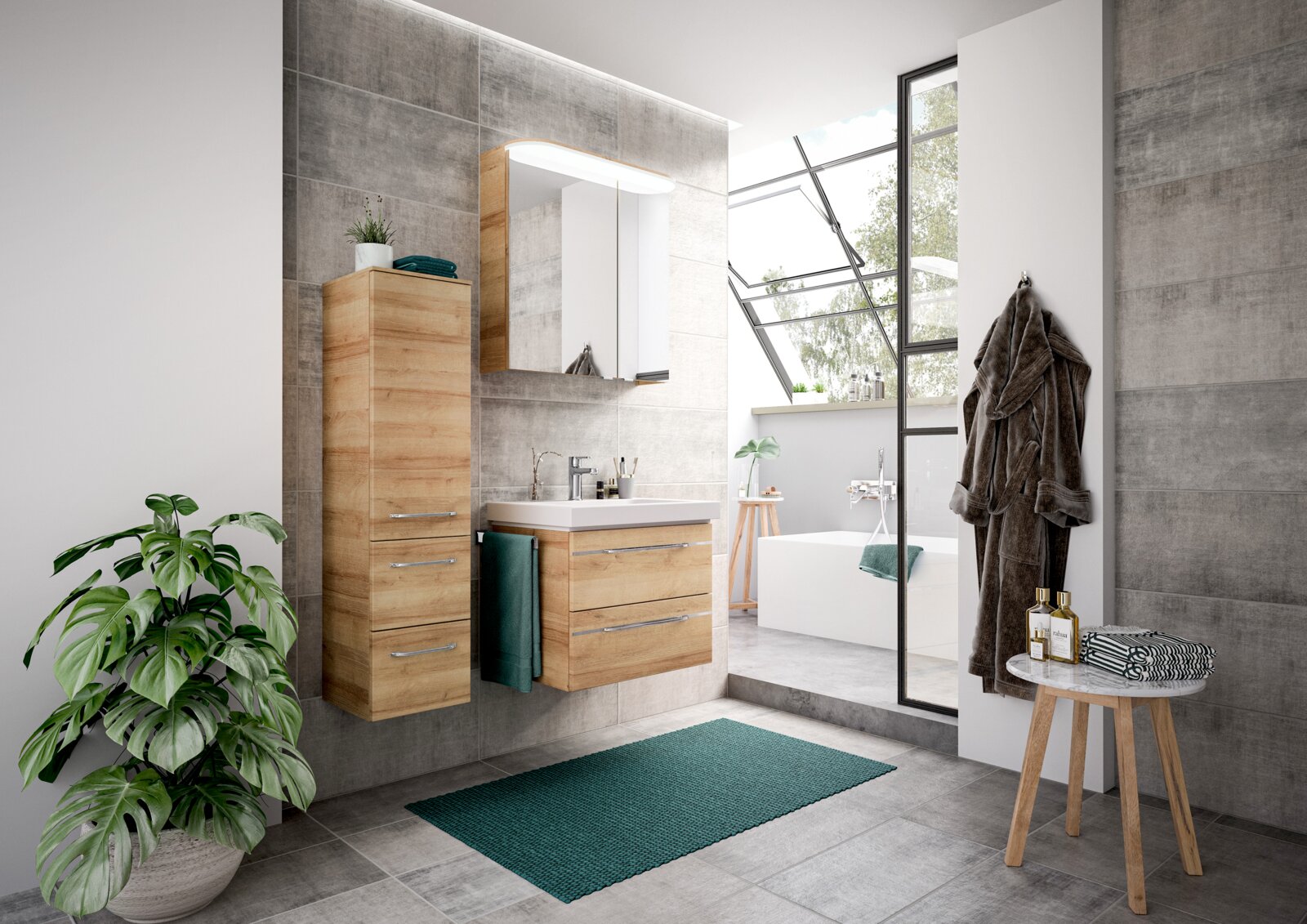 Moderner Badezimmerblock in Holzoptik mit Waschbecken, Spiegel und Stauraum, seitliche Perspektive.