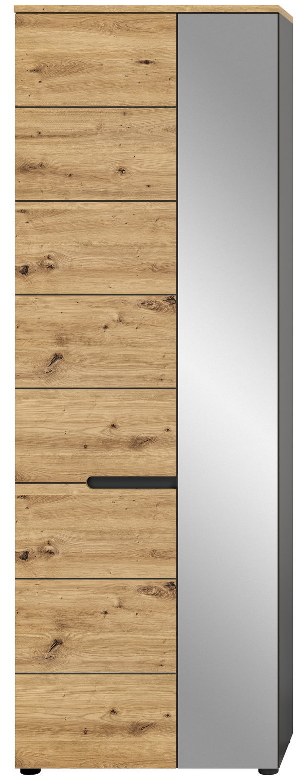 Moderner Garderobenschrank mit Holzoptik und Spiegeltür, Frontalansicht