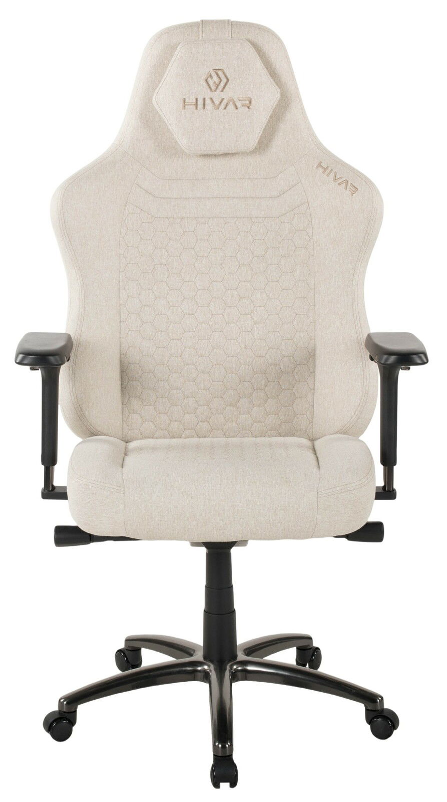 Beiger Gaming-Stuhl mit ergonomischem Design, von vorne gesehen, mit verstellbaren Armlehnen und stabiler Basis.