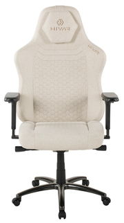 Beiger Gaming-Stuhl mit ergonomischem Design, von vorne gesehen, mit verstellbaren Armlehnen und stabiler Basis.