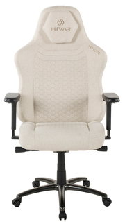 Beiger Gaming-Stuhl mit ergonomischem Design, von vorne gesehen, mit verstellbaren Armlehnen und stabiler Basis.