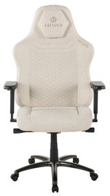 Beiger Gaming-Stuhl mit ergonomischem Design, von vorne gesehen, mit verstellbaren Armlehnen und stabiler Basis.