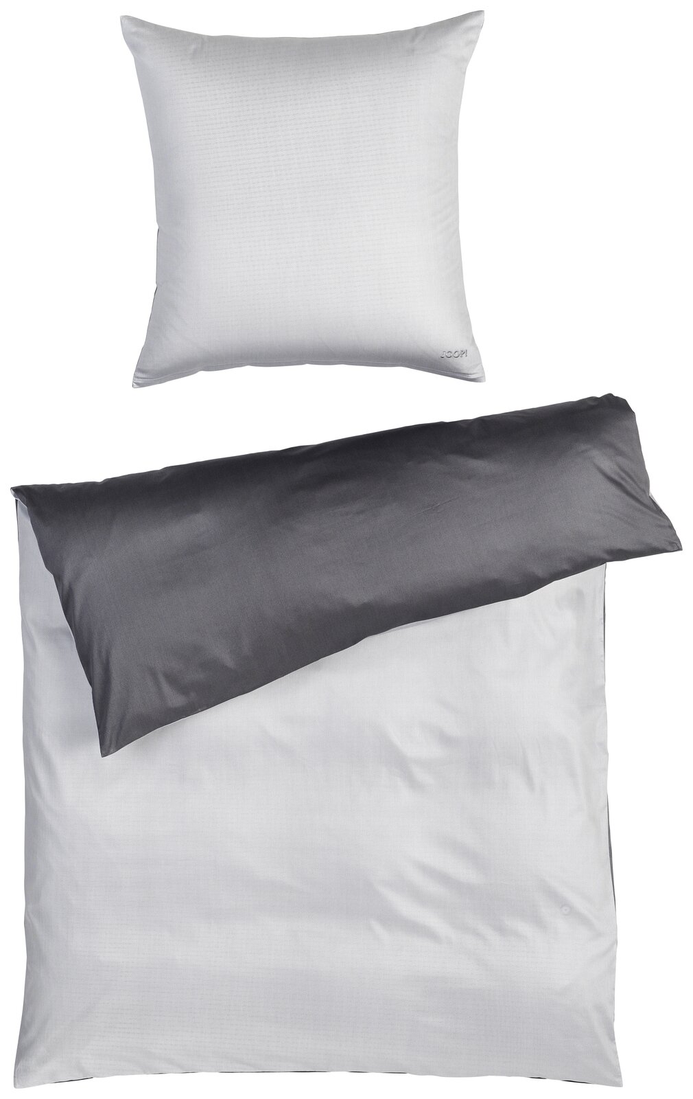 JOOP! Bettwäsche MICRO PATTERN Bettwäsche-Set in Weiß und Dunkelgrau, bestehend aus einem Kopfkissenbezug und einem Bettdeckenbezug, aus der Vogelperspektive fotografiert.