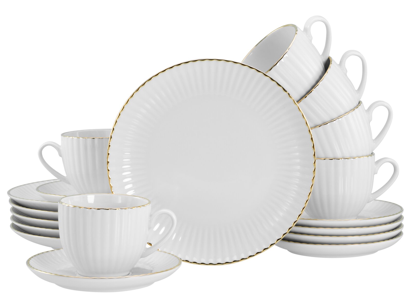 creaTable Kaffeeservice 18-tlg ALLEGRA Weißes Porzellan-Kaffeeservice mit geriffelter Struktur und goldfarbenem Rand, bestehend aus Tassen mit Untertassen und Tellern, in leicht schräger Frontansicht auf weißem Hintergrund