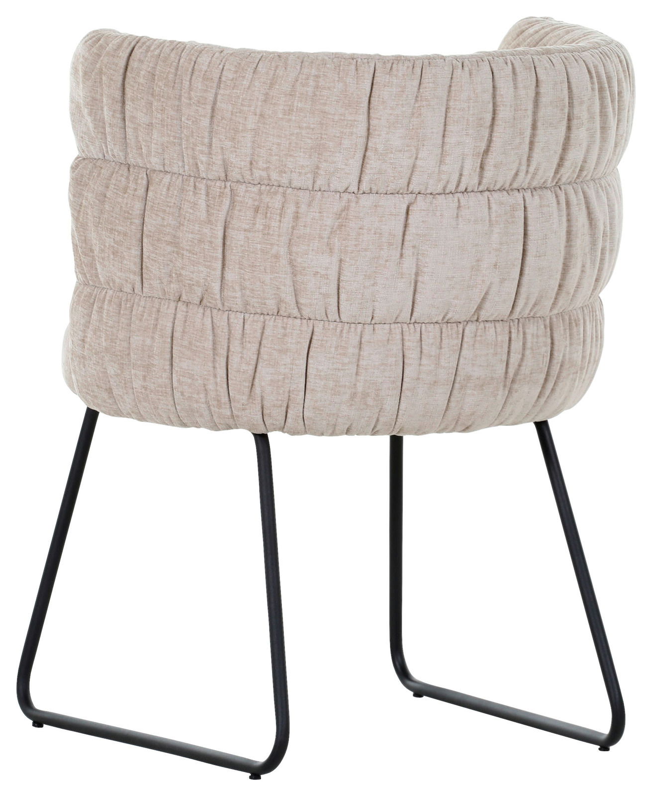 Rückansicht eines beigen Armlehnstuhls mit gepolstertem Stoff und schwarzen Metallbeinen.
