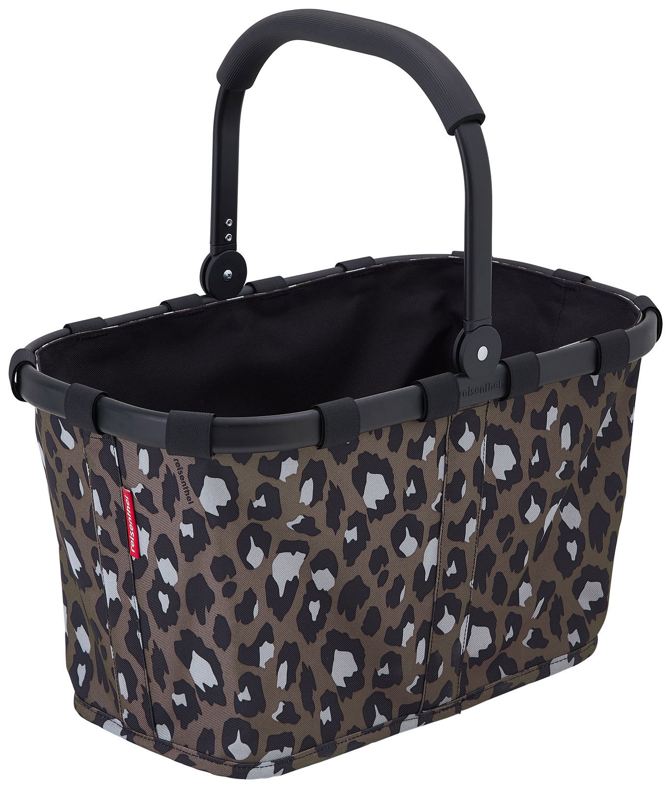 Reisenthel Carrybag LEO CHOCOLATE Leopardenmuster-Einkaufskorb mit schwarzem Griff, seitliche Perspektive