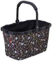 Leopardenmuster-Einkaufskorb mit schwarzem Griff, seitliche Perspektive