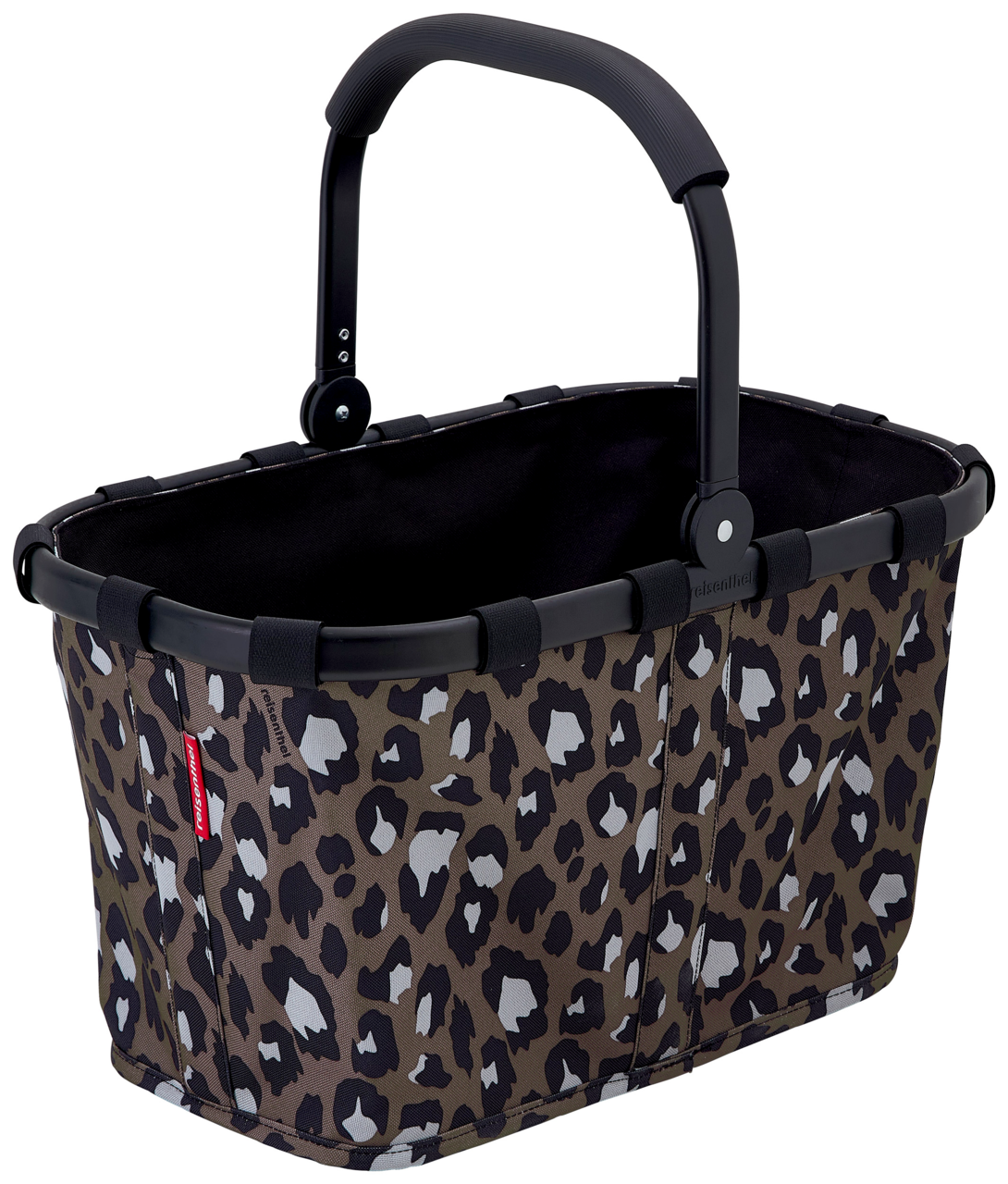 Leopardenmuster-Einkaufskorb mit schwarzem Griff, seitliche Perspektive
