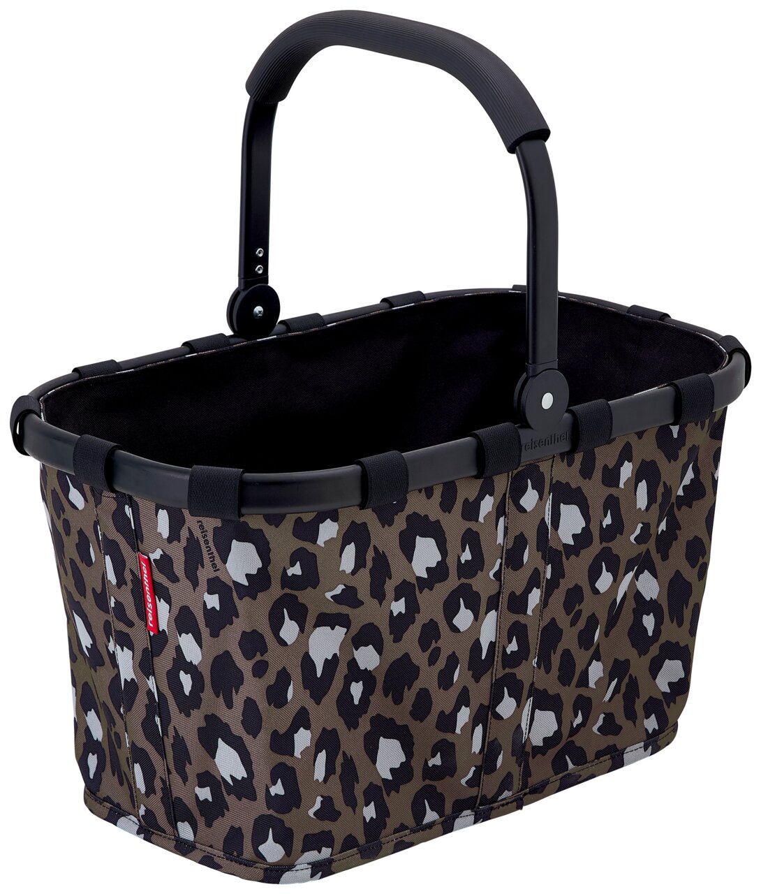 Leopardenmuster-Einkaufskorb mit schwarzem Griff, seitliche Perspektive