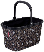 Leopardenmuster-Einkaufskorb mit schwarzem Griff, seitliche Perspektive
