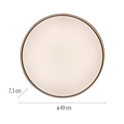 Runde Deckenleuchte mit opalweißem Diffusor und bronzefarbenem Rahmen, Durchmesser 49 cm und Höhe 7,3 cm, Draufsicht von vorne auf weißem Hintergrund