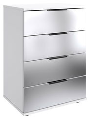 Moderne Nachtkommode mit vier Schubladen in Hochglanzoptik, seitliche Perspektive