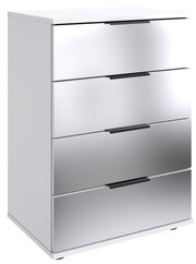 Moderne Nachtkommode mit vier Schubladen in Hochglanzoptik, seitliche Perspektive