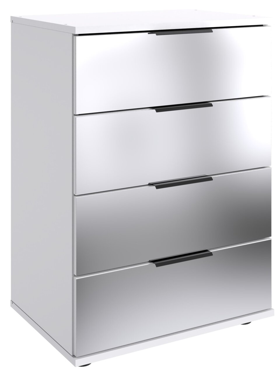 Moderne Nachtkommode mit vier Schubladen in Hochglanzoptik, seitliche Perspektive