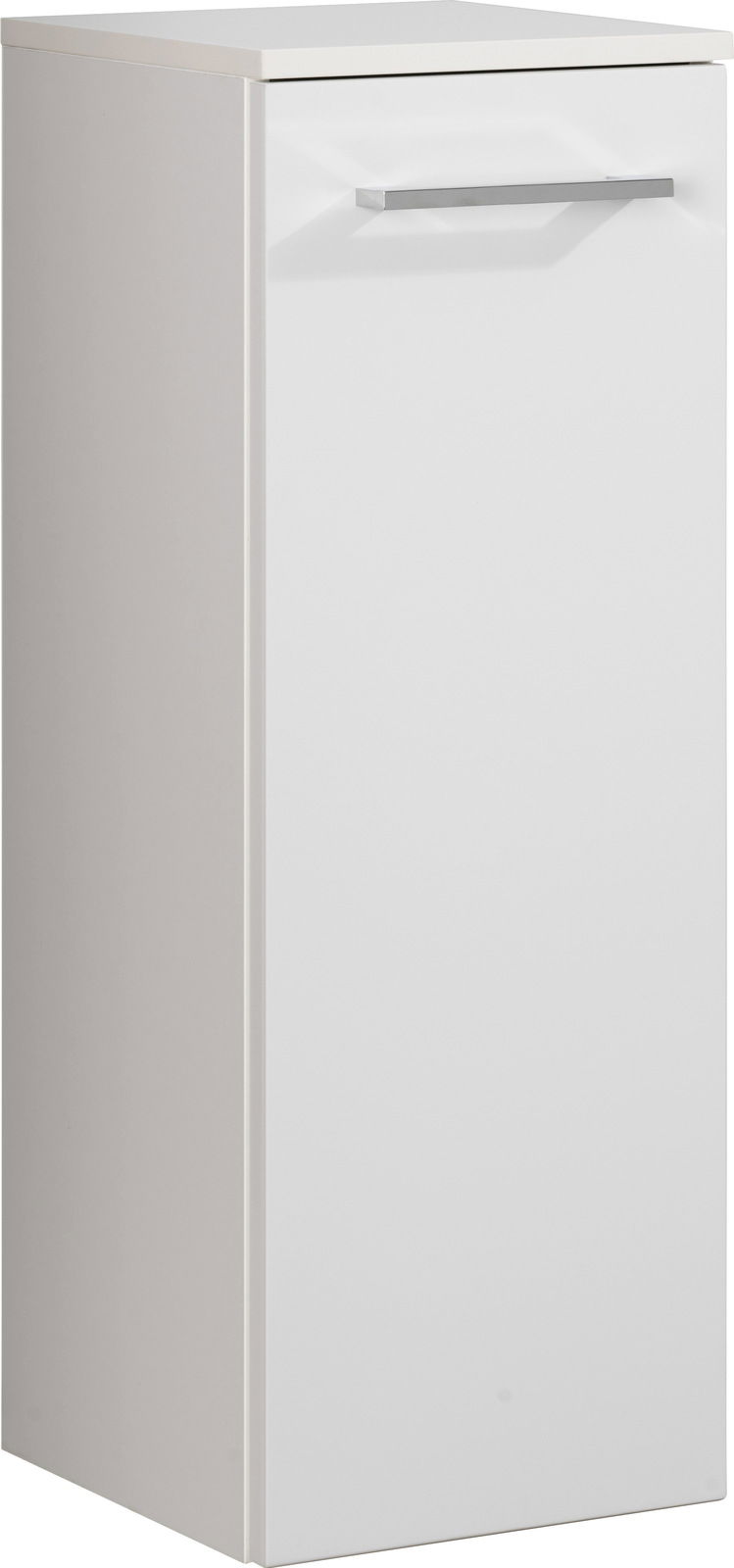 Weißer Midischrank mit einer Tür und silbernem Griff, seitliche Perspektive
