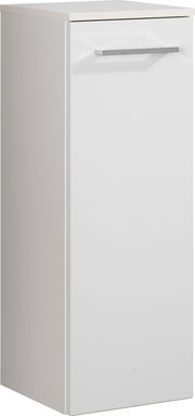 Weißer Midischrank mit einer Tür und silbernem Griff, seitliche Perspektive