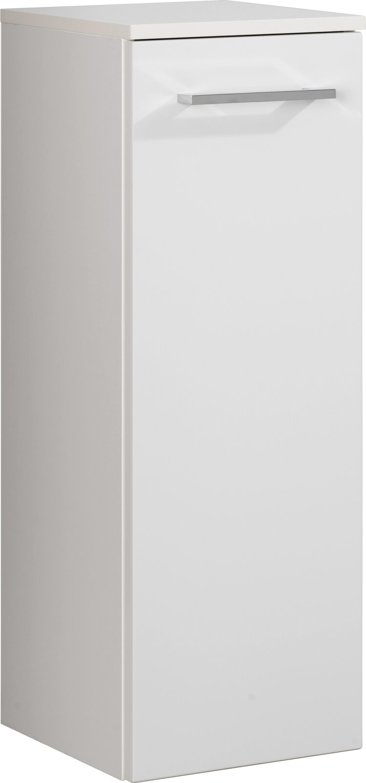 Weißer Midischrank mit einer Tür und silbernem Griff, seitliche Perspektive
